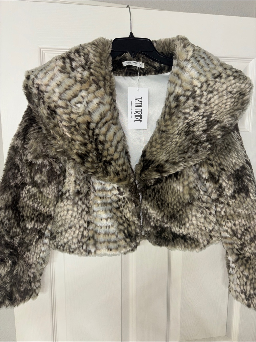 12th Tribe Faux Fur Cropped Teddy Jacket - Taupe, Cream, Brown Mix, Small